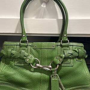 Coach Hamptons Braided Belted Green Pebbled Leather Satchel Bag F13084